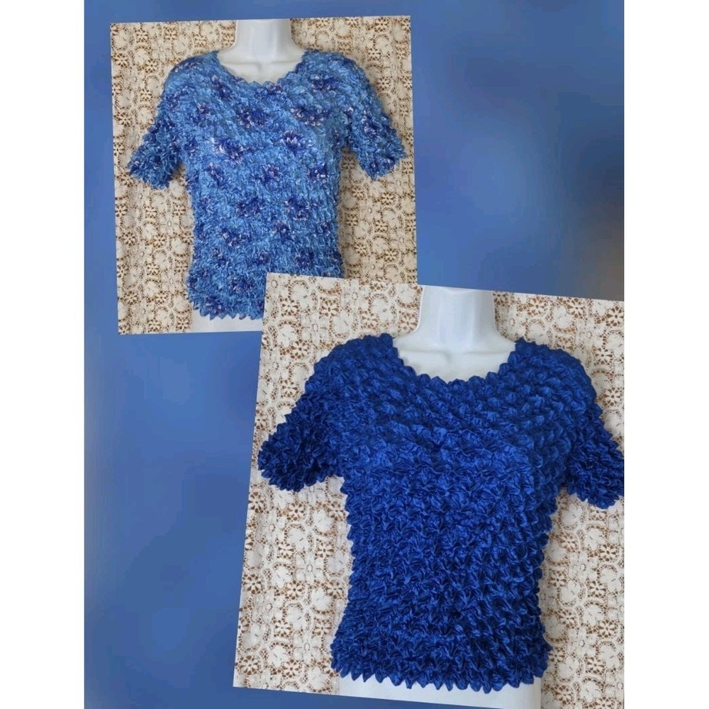 Lot of 2 Popcorn Tops Blue‎ One Size Short Sleeves Crinkle Bubble Stretch Y2K